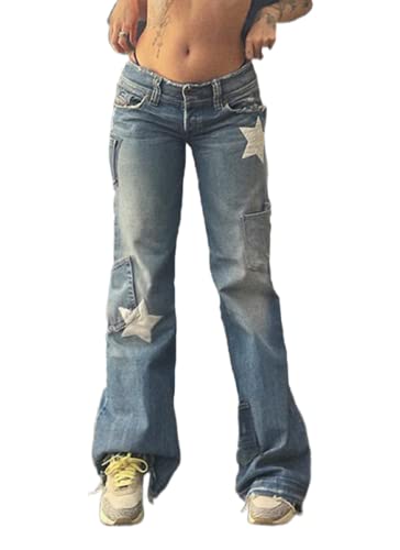 Women Low Waist Ripped Jeans Y2K Wide Leg Baggy Cargo Jeans Vintage Printed Grunge Denim Pants Trendy Streetwear - U-blue - Small