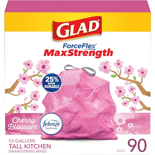 Glad ForceFlex MaxStrength Tall Kitchen Trash Bags, 13 Gal, Cherry Blossom, 90 Ct, Pack May Vary - 90 Count (Pack of 1)