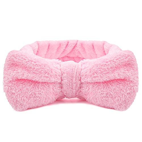 Molain Spa Headband, Bowknot Hair Bands Makeup Headbands Women Coral Fleece Elastic Headband Washing Face Hair Wrap for Washing Face Shower Sports Beauty Skincare (Pink) - Pink