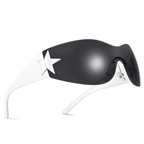 COASION Rimless Y2K Wrap Around Star Sunglasses Women Men 2000s Visor Shield Shades Oversized Fashion Frameless Sun Glasses - B3* Black White - 80 Millimeters
