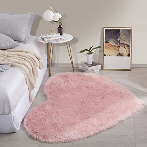 HOMBYS Fluffy 4x6 Faux Fur Heart Shaped Area Rug for Living Room Bedroom, Soft Large Pink Faux Sheepskin Play Carpet for Kids Baby Girls and Pets, Plush Furry Decor Shaggy Feet Mat for Bedside - 4x6 - Pink