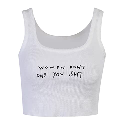 SansoiSan Women's Letter Embroidery Camisole Sleeveless Square Neck Knitted Slim Cropped Tank Top - Medium A_white