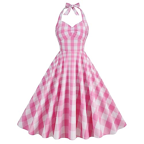 50s Plaid Halter Dresses for Women Vintage Pink Rockabilly Dresses 1950 Polka Dot Swing Dresses Pin Up Knee Length Dress - Small - Pink White Gingham-halter