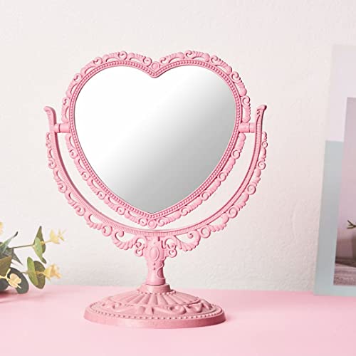 RECEESOON Pink Heart Mirror Double Sides, Vanity Makeup Mirror for Desk, Pink Vintage Mirror, Coquette Danish Pastel Room Decor Aesthetic - Pink