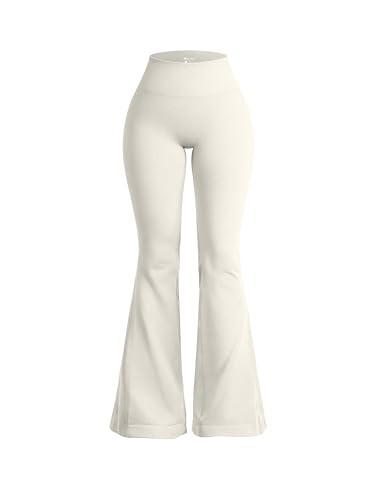 OQQ Women's Flared Pants High Waisted Yoga Leggings Stretchy Bell Buttom Wide Leg - Beige - Medium