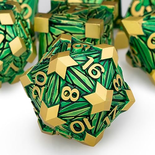 ORIFANTOU Metal DND Dice Set Dungeons and Dragons Dice with Box, Green Golden Debris D&D Dice RPG D and D Dice Role Playing Game Polyhedral Dice Set D20 D12 D10 D8 D6 D4 - Green Gold