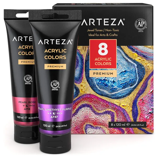 Arteza Metallic Acrylic Paint, Set of 8 Jewel Tones Colors in 4.06oz Tubes, Rich Pigments, Non Fading, Non Toxic Paints for Artists & Hobby Painters - Jewel Tones 4.06 Fl Oz (Pack of 8)