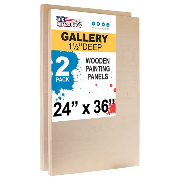 U.S. Art Supply 24" x 36" Birch Wood Paint Pouring Panel Boards, Gallery 1-1/2" Deep Cradle (Pack of 2) - Artist Depth Wooden Wall Canvases - Painting Mixed-Media Craft, Acrylic, Oil, Encaustic - 24" x 36"