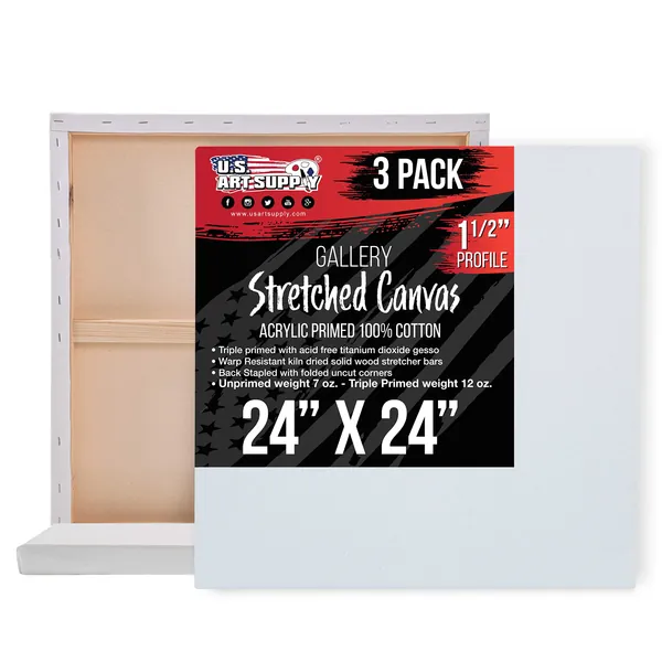 U.S. Art Supply 24 x 24 inch Gallery Depth 1-1/2" Profile Stretched Canvas, 3-Pack - 12-Ounce Acrylic Gesso Triple Primed, - Professional Artist Quality, 100% Cotton - Acrylic Pouring, Oil Painting - 24" x 24"