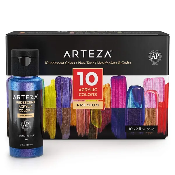 ARTEZA Iridescent Acrylic Paint, Set of 10 Chameleon Colors, 2 oz/60ml Bottles, High Viscosity Shimmer Paint, Water-Based, Blendable Paints, Art Supplies for Canvas, Wood, Rocks, Fabrics - Chameleon Tones 2 Fl Oz (Pack of 10)