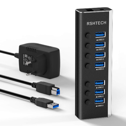 RSHTECH Aluminium 24W 7-poorts USB 3.0-Hub, 12V / 2A Voeding en Overdrachtssnelheid 5Gbps, Multiport USB 3.0 Verdeler met Aparte Schakelaar, LED-Indicator en Hot Swap Support (RSH-A37S)