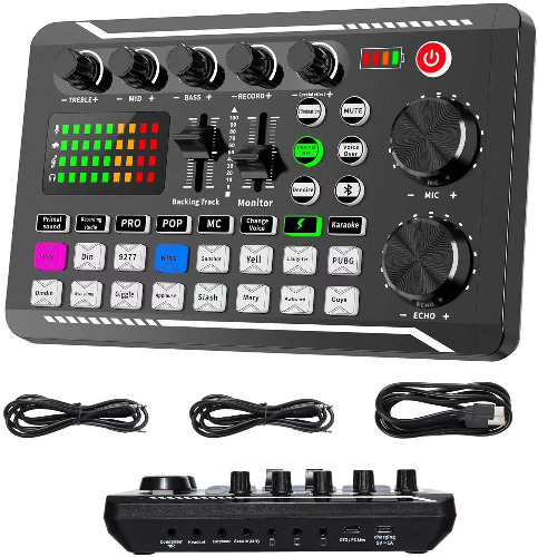 Live geluidskaart- en audio-interface met DJ-mixer-effecten en stemwisselaar, F988 Bluetooth stereo audiomixer, voor live Youtube streaming, pc, opnamestudio en gaming