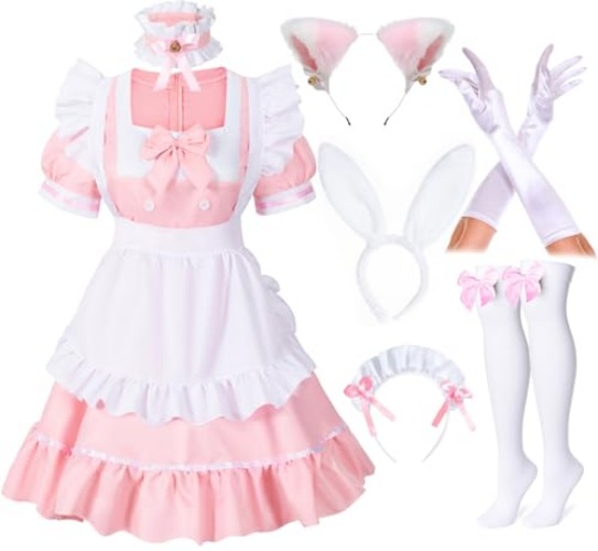 Anime French Girls Bunny Maid Sweet Kawaii Costume Cosplay Dress Furry Cat Ear Gloves Socks Set - Medium - Pink