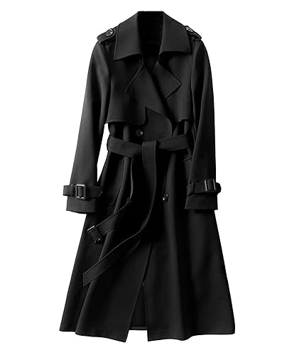 SOMTHRON Women's Double Breasted Long Trench Coat Belted Notch Lapel Overcoat Windproof Classic Outerwear - Medium - Black