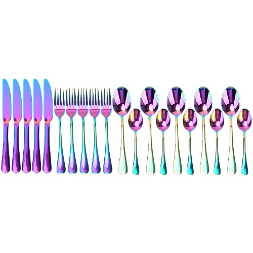 Cutlery Set Stainless Steel Dinner Sets 24 Piece Set Service for 6 Flatware Silverware Set Solid Dinningware Tableware Dishwasher Safe for Home, Restaurant (Rainbow) / Gold