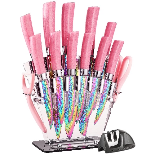 Rainbow Titanium Knife Set, Non Stick Thick and Sharp Stainless Steel 15 Pcs Cutlery Kitchen Knives Set with Acrylic Block, Chef Quality for Home & Pro Use, Best Gift, Pink Color - Pink Handle/Rainbow Blade