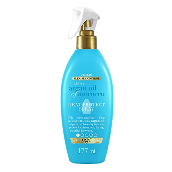 OGX Shine + Argan Oil of Morocco Spray Heat Protect (177 ml) protector térmico para el pelo con Aceite de argán de Marruecos, protector de calor hasta 230 °C, tratamiento hidratante para el cabello