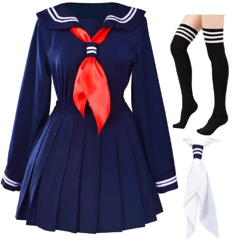 Classic Japanese School Girls Sailor Dress Shirts Uniform Anime Cosplay Costumes with Socks Set - XXX-Large--Asia 5XL Navy