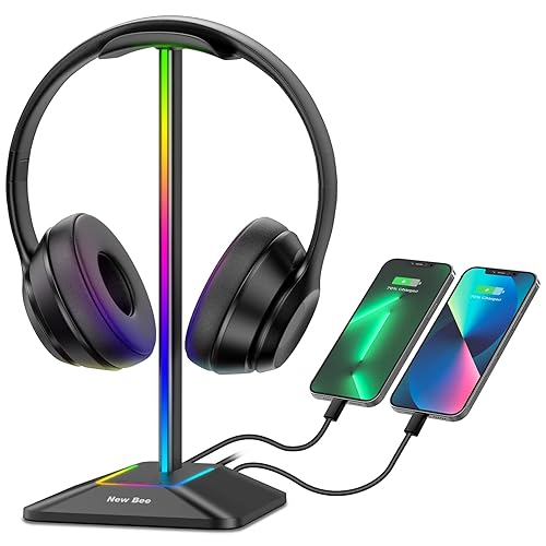 New bee RGB Headphone Stand with 1 USB-C Charging Port and 1 USB Charging Port, Desk Gaming Headset Stand with 7 Light Modes for All Earphone Accessories (Black) - Black