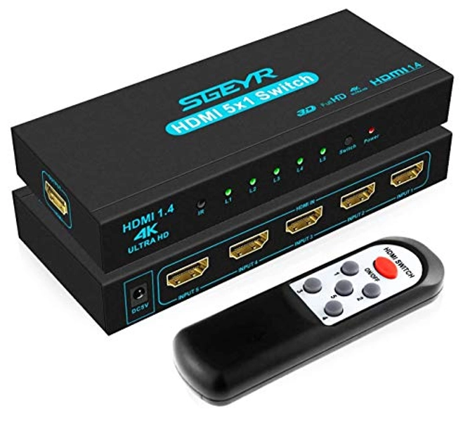 HDMI Switch SGEYR 5x1 HDMI Switcher 5 in 1 Out HDMI Switch Selector 5 Port Box with IR Remote Control HDMI 1.4 HDCP 1.4 Support 4K@30Hz Ultra HD 3D 2160P 1080P - Blue