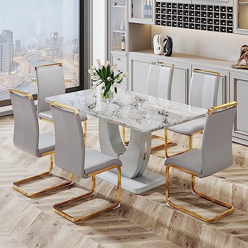 JUFU Modern Dining Table Set for 6,Rectangula Kitchen Table Set with Faux Marble Tabletop＆6 Pu Leather Upholstered Chairs Ideal for Dining Room, Kitchen - Grey Table Set - Light Grey-golden Legs