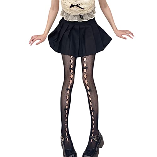 SOLILOQUY Women's Lolita Patterned Tights Kawaii Bowtie Fishnet Stockings Leggings Mesh Pantyhose Hollow Out lace Socks - Black 2 - One Size