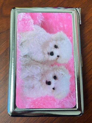 Puppies in Pink Image Cigarette Case with Built in Lighter Metal Wallet