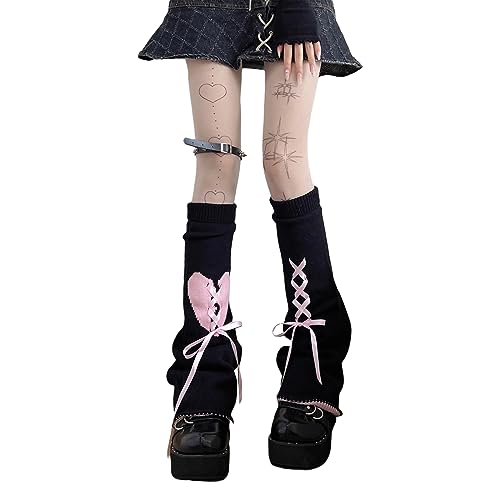 Women Girls Japanese Style Leg Warmer Kawaii Knit Boot Socks 90s Solid Striped Gothic Crochet Leg Warmers - Black-heart Print - One Size