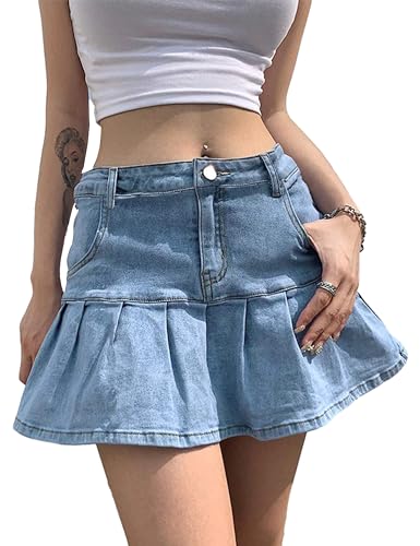 Tanming Women's Pleated Jean Skirt Y2K Casual A-Line Ruffle Denim Mini Skirts Skorts - Light Blue Medium
