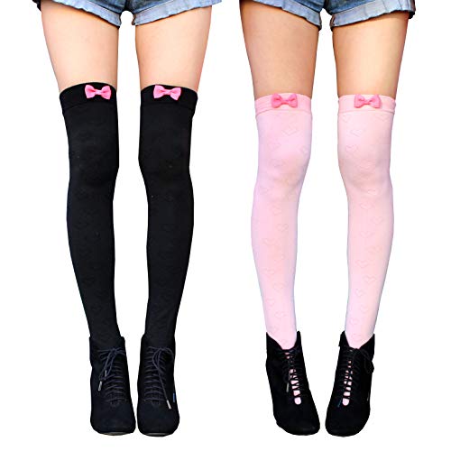 Millennials In Motion Kawaii Thigh High Socks Over The Knee Leg Warmer Warm Kpop Stockings Long Tights - One Size - Black & Pink Bow