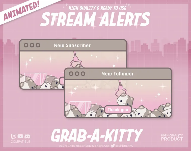 7x Animated Alerts Grab A Kitty / Fun Fair / Pastel / Overlay / Border / Alert / Kawaii / Twitch / Pixel / Cat / Kitten / Cats