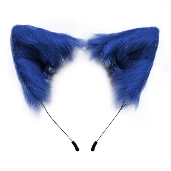 QinRuan Cat Fox Faux Fur Ears Headband Cute Halloween Fancy Dress Cosplay Handmade Animal Furry Ears Hair Hoop - Blue