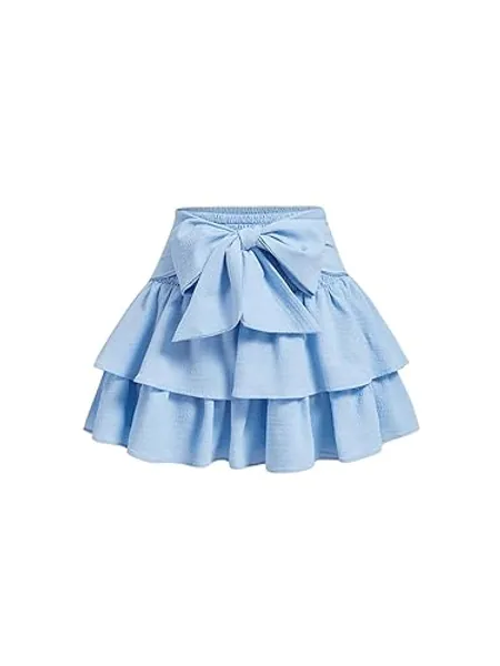 BEAUDRM Women's Bow Front Mini Skirt High Shirred Waist Layered Ruffle Hem Short Cake Skirts - Small - Blue