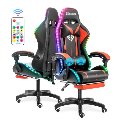 Gaming LED Massage Chair with Footrest - Red