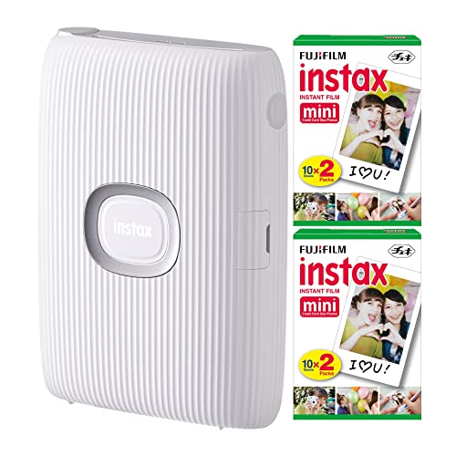 Fujifilm Instax Mini Link 2 Instant Smartphone Printer (Clay White) and Fujifilm Instax Mini Twin Film Pack (40 Exposures) Bundle - Ash White