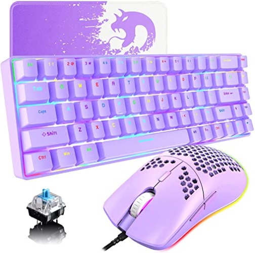 LexonElec 60 percent Mechanical Gaming Keyboard Blue Switch Mini 68 Keys Wired Type C Chroma RGB 18 Backlit Effects,Lightweight Mosue 6400DPI Honeycomb Optical, Mouse Pad for Gamers & Typists(Purple) - Purple Blue switch