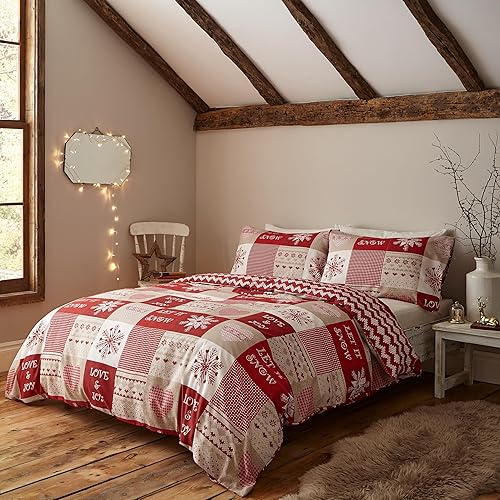 Catherine Lansfield Christmas Let It Snow Double Duvet Cover and Pillowcases Red Natural - Double Duvet Set