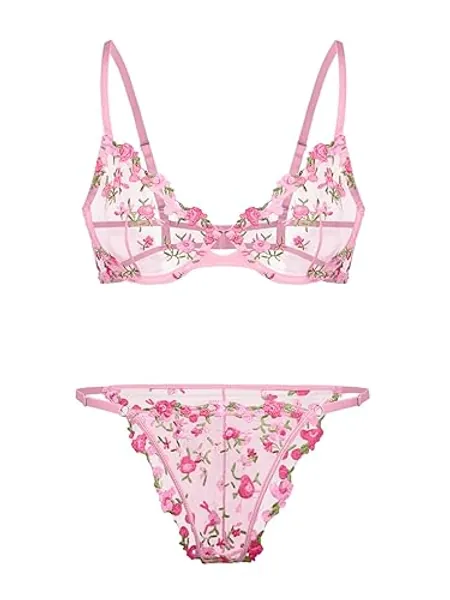 Lilosy Sexy Floral Embroidered Mesh Sheer Underwire Lingerie Set - Flower - X-Large - Flower Pink