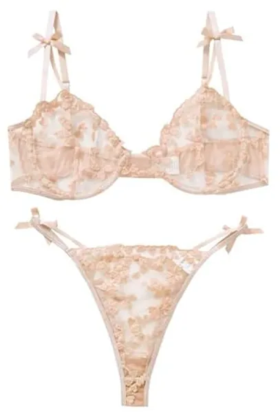 ALOECDYV Sexy Womens Underwire Strappy Embroidered Mesh Sheer Lingerie V Neck Set See Bra 2 Piece - Large - Beige