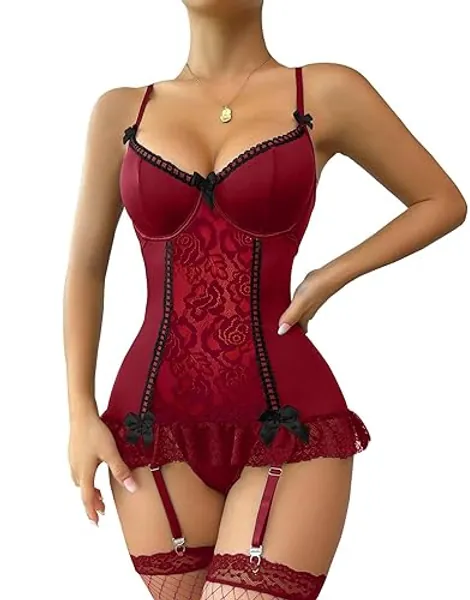Lilosy Sexy Bows Lace Babydoll Lingerie Set with Panty