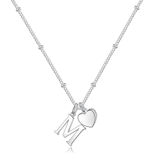 Vrsilver Heart Initial Necklaces for Girls - Sterling Silver Necklace for Women Teen Girl Gifts Dainty Heart Pendant Silver Initial Necklaces for Women Jewelry for Girls Necklaces for Teen Girls Gifts - M