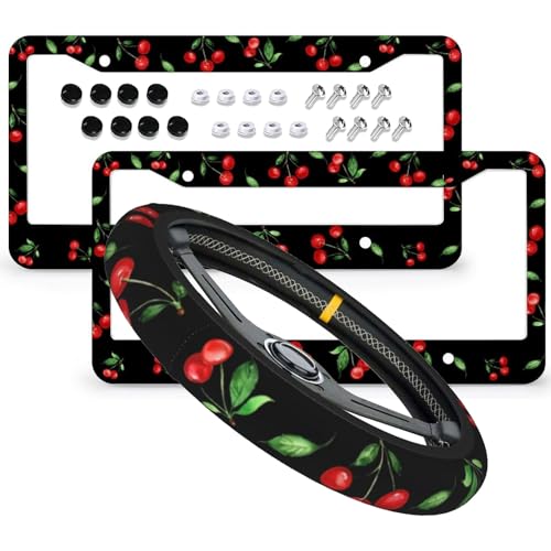 Qiankang Cherry License Plate Frames & Little Red Cherries Steering Wheel Cover Aluminum License Plate Covers Anti-Slip Breathable Steering Wheels Protector with Screws Fasteners Caps for Men Women - 3PCS - Cherry