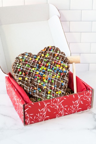 Chocolate Heart Smash with Wooden Mallet – Handcrafted by Sugar Plum | Gourmet Milk Chocolate with Pretzels, Cookies, & Candied Gems | 10% Proceeds to End Jew Hatred Movement