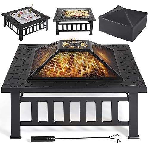 Yaheetech Fire Pit for Garden, Outdoor Fire Pit Table, Square Fire Pit for Barbecue, Heating, Cooling with Waterproof Cover for Camping, 86 x 86 x 54 cm - 86cm - Black