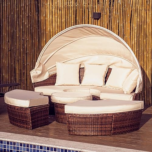 VONLUCE 5 Piece Modular Wicker Patio Furniture Set with Daybed and Central Stool, Outdoor Sectional Sofa Set with Rattan Daybed or 4 Chairs, Round Table, Retractable Canopy, Pillows&Cover(Beige) - 5 Piece Garden Daybed Beige
