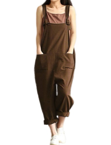 Zilcremo Women Plus Size Cotton Linen Overalls Casual Jumpsuits Rompers with Pockets - Large Coffee