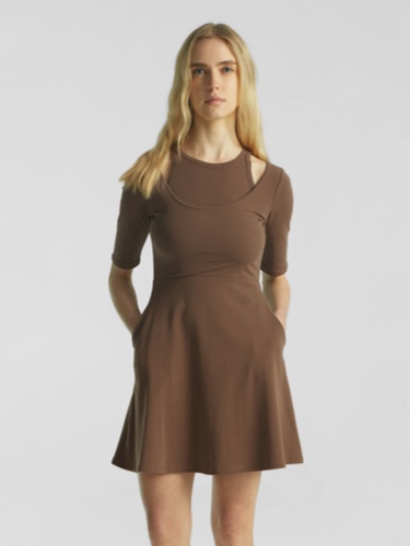 Mid-Length Sleeve Cutout Shoulder Mini Dress - Cocoa / M