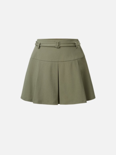 Belted Mid-Rise Pleated Skort - Olive Green / M