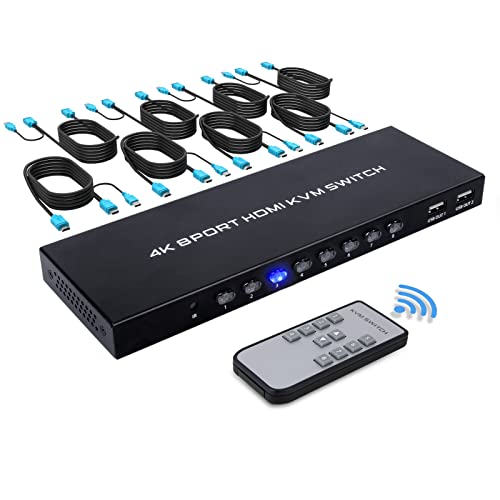 HDMI KVM Switch, 8 Port USB HDMI Switches, 8 in 1 Out KVM with IR Remote and 8 KVM Cables, Support 4K@30Hz and Rack Mount - 8 Ports KVM