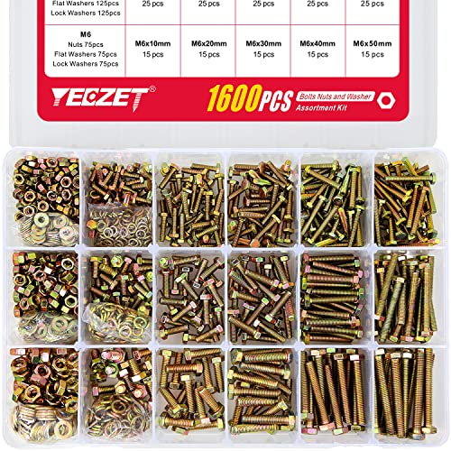 YEEZET 1600PCS M4 M5 M6 Grade 8.8 Heavy Duty Bolts and Nuts Flat & Lock Washers Assortment Kit Includes 15 Most Common Sizes - M4, M5, M6--Bolts and Nuts Kit (1600PCS)